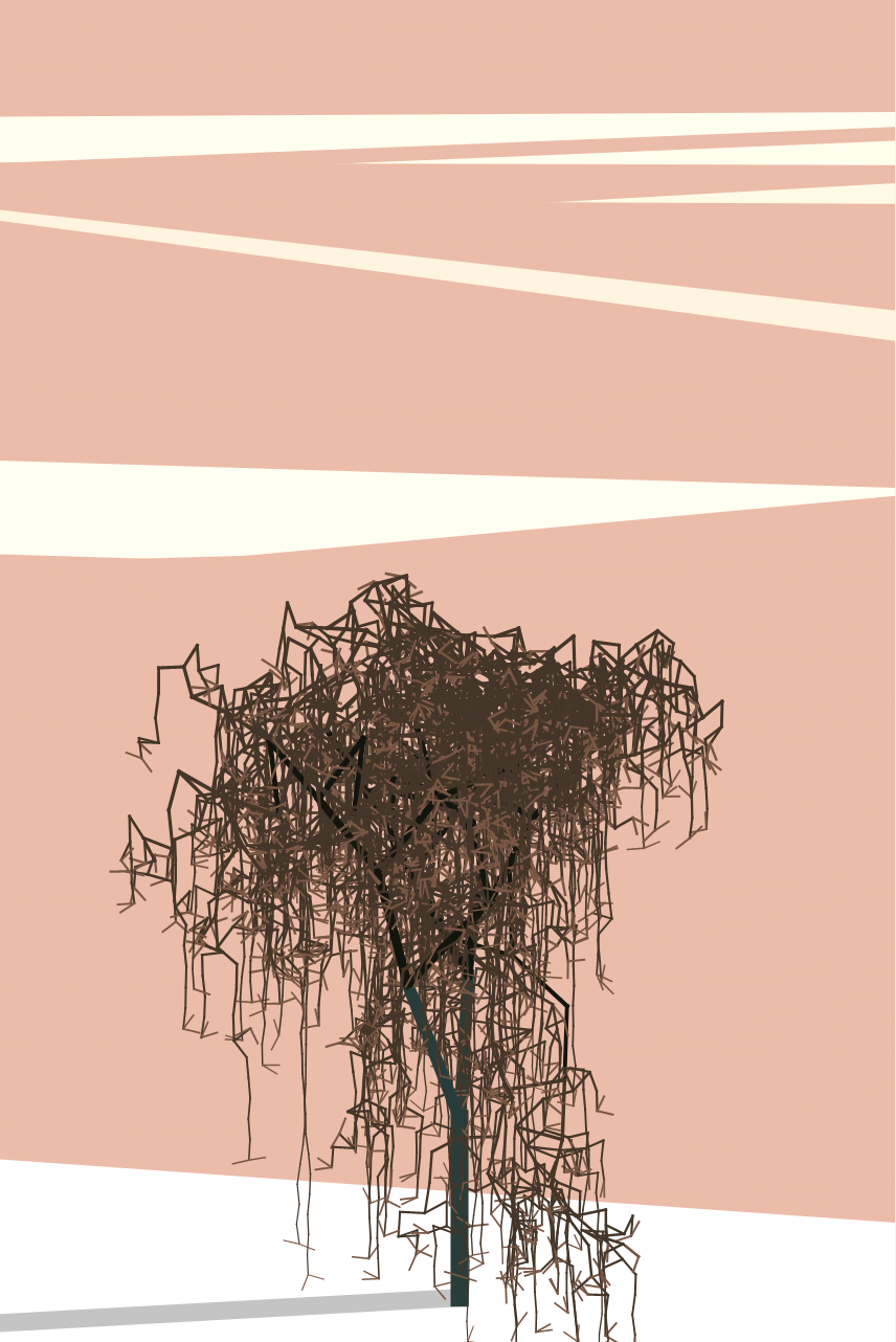 A computer generated illustration of a tree. The branches randomly branch out to form a wide tree. Towrds the top, branches suddenly drop dowwards to form a weeping tree.