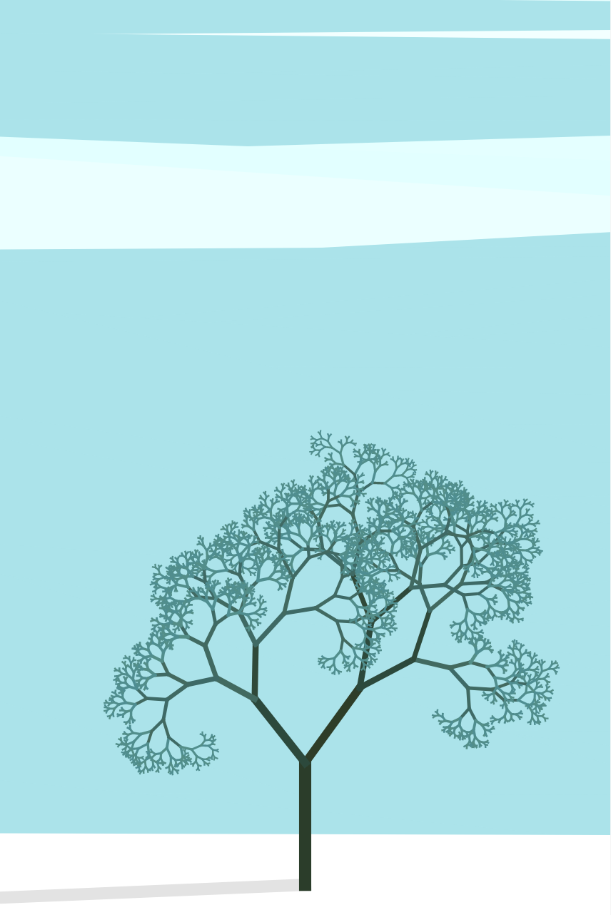 A computer generated illustration of a tree. The branches recursively branch out at the same angle relative to the previous branch. Some randomness is introduced by skipping some branches, rather than varying the branching angle.